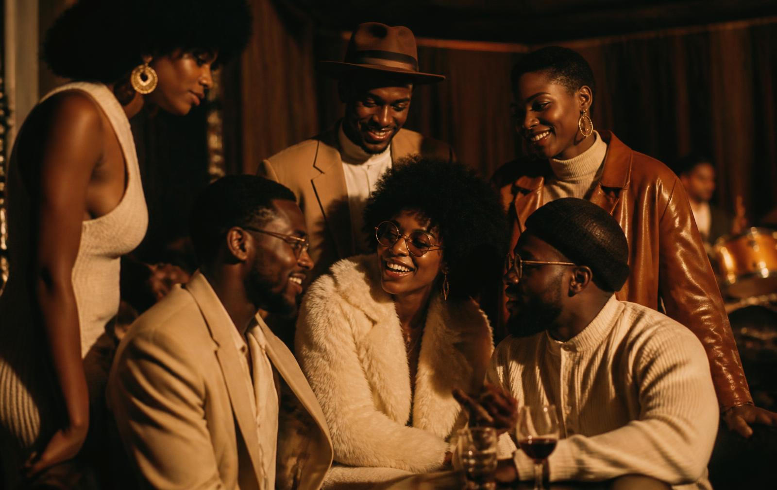 Warmly lit portrait of people gathered around music